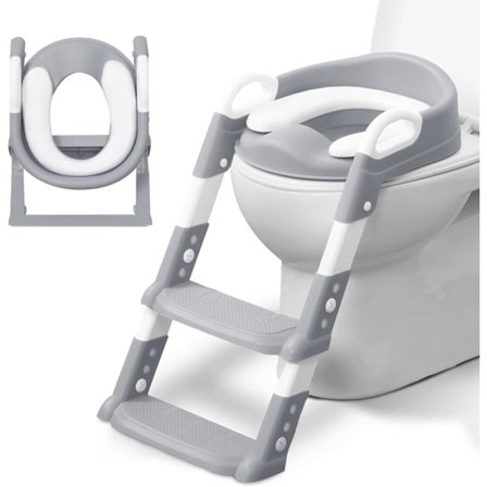 Justerbart pottestigesæde til pottetræning med trin, håndtag og blødt hyndedesign, skridsikkert og pladsbesparende, sammenklappeligt til tumlinger og 