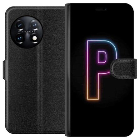Kompatibel Tegnebogsetui til OnePlus OnePlus 11R Minimalistisk neonbogstav P i farvegradient og lyseffekt mod sort baggrund i digital neonstil