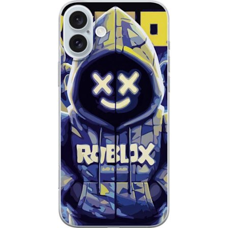 Kompatibelt Mobildeksel til Apple Apple iPhone 16 Plus Blågul Roblox hettegenserfigur med minimalistisk neonstil og masket ansikt, moderne spillillus