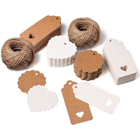 200 kpl Kraft-paperilappuja sydämellä ja 50 m juuttinarua häälahjoihin, joululahjoihin, juhlapalveluksiin, lahjakoristeluun