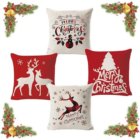 Julepuder 45x45 cm, Jule Pudebetræk Bomuldslinned Dekorativ Glædelig Jul Klare Pudebetræk