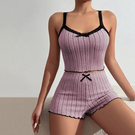 Trendig avslappnad hemmadräkt vår och sommar rosett slips hängslen linne och shorts tvådelat set