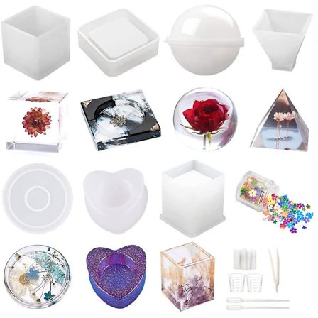 Epoxy Resin Formersett, Silikonformer, Epoxy Resinsett, Epoxyformer Inkludert Kule, Terning, Pyramide, Askebeger, Underlag, DIY Sett Resinstøping W