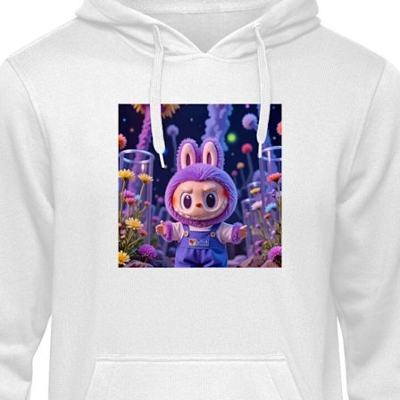 Hoodie Labubu figur - Lilla kaninkostyme blant blomster i en fantasiverden