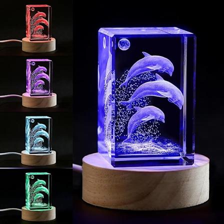 3D Kristall Delfin Figur Nattlampa med LED Ljus Bas, Födelsedagspresent till Barn Kvinnor Unik, Thanksgiving Jul