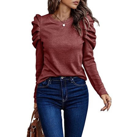 Dam T-shirt med Rund Hals, Puffärmar, Slim Fit