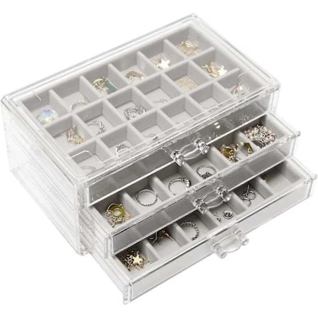 Smyckeskrin i akryl för kvinnor med 3 lådor, justerbar smyckesorganisatör för ringar, örhängen, halsband, stapelbar