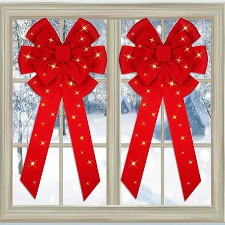 2 stk. store julebelysningskransrosetter 90 cm x 45 cm fløyel forhåndsbelyste julrøde rosetter belyste Yw1