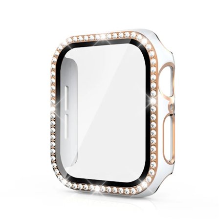 Bling Glass+ skal för Apple Watch Fodral 45mm 41mm 40mm 44mm 42mm 38mm Diamant bumper+skärmskydd iwatch series 7 9 8 5 6 SE A Vit ro A Vit ro
