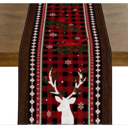 Julebordløper, rød og svart rutete med bøffel- og elgmotiver, julebordsdekorasjon, vinterjulepynt