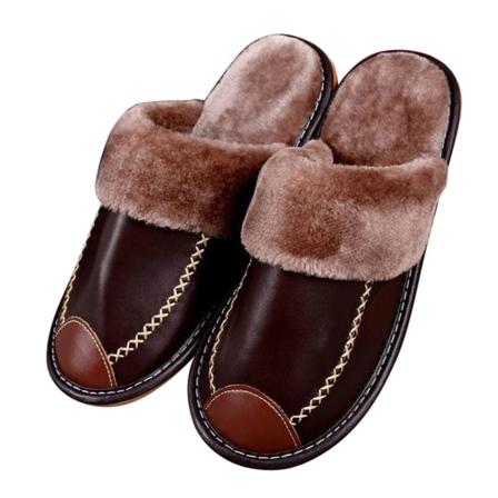 Alpha tofflor plysch foder PU läder övre unisex män kvinnor varma tofflor Brown 42-43
