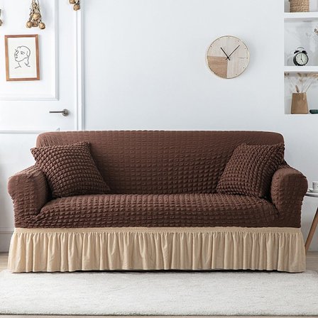 Brun och beige kjol; 4-sits, 235×300cm; seersucker fulltäckande stretch sofföverdrag, förtjockat stretch sofföverdrag för alla årstider.