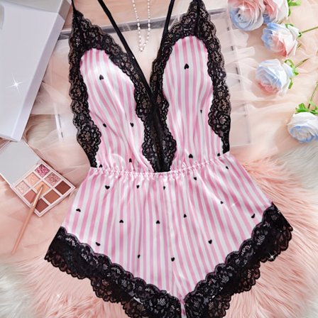 Sexy, ensfarget sateng- og blondebodysuit med V-hals og kryssende knyting for kvinner – Valentinsdag