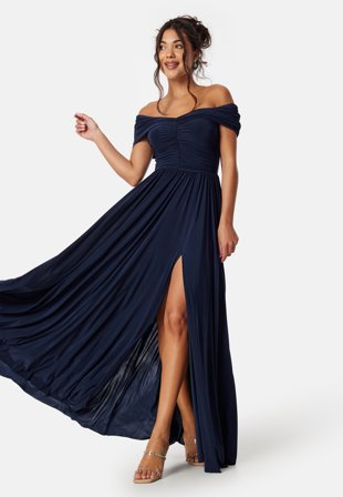 Goddiva Bardot Rouched Maxi Split Dress Klær