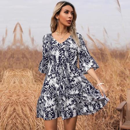Kvinnors print V-hals Kort utsvängd ärm Elastisk midjeklänning Casual Eleganta sommarklänningar Outfits navyblue M