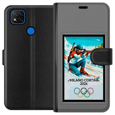 Kompatibelt Lommeboketui til Xiaomi Redmi 9C Retroplakat Cortina Milano 2026 med fjell, vintersportsutøvere, italienske trikolor, Milano-katedralen og