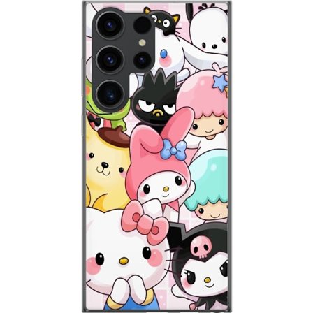 Yhteensopiva Puhelinkuori Samsung Galaxy S24 Ultra Tiheä kuvio suloisia hahmoja, joilla on suuret silmät eri väreissä ja ilmeissä LABUBU-tekstillä