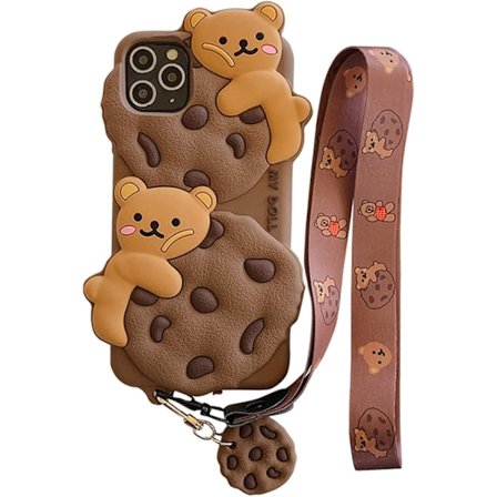 Etui til iPhone 13 Pro, sødt etui med nøglesnors-nøglering, kawaii telefonetuier, 3D tegneseriebjørn, cookie iPhone etui, blød silikone, stødsikkert