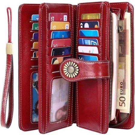 (Rød) Damepung - Skinn - RFID - 24 Kort - Glidelåslukking - Rød