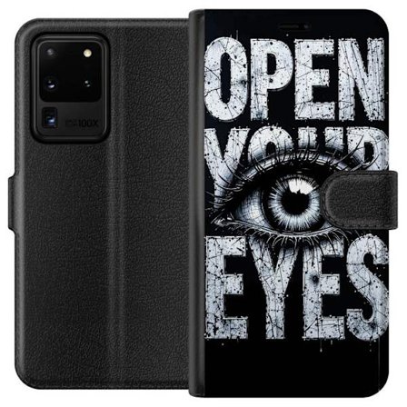 Yhteensopiva Lompakkokotelo Samsung Samsung Galaxy S20 Ultra Tumma tyypillinen kuvaus silmällä ja teksti Open Your Eyes, vahva kontrasti ja raaka ta