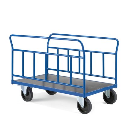 Plattformwagen TRANSFER, 2 lange Stahlseiten, 1200x800 mm, elastischer Gummi, mit Bremsen
