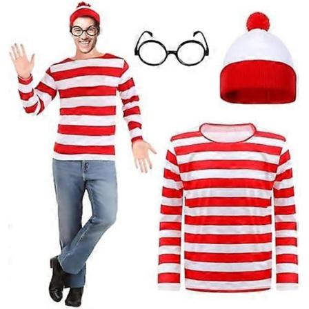 Voksen Wally Kostume Sæt, Rød & Hvid Stribet T-shirt, Hat, Briller, Strømper Outfit Sæt Verdens Bogdag Halloween Fæstekostume til Mænd Kvinder Men M