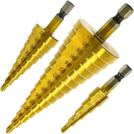 Sæt med 3-trins forsænkningsbor, HSS rustfrit stål, 4-12/20/32 mm, konisk trekantet titan, med sekskantskaft,