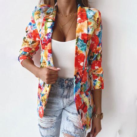 Kvinnor Pocket Decor Business Jackor Print Cardigan Jacka