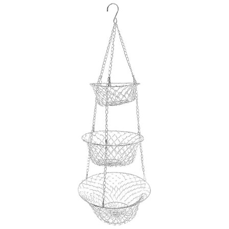3-Tier Fruit Basket, Vegetable Storage Basket for Kitchen, Hanging Chain, Space Saving Fruits, Plant Storage Basket (Silver)