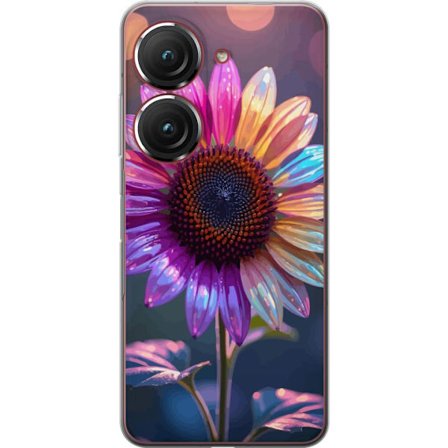 Kompatibelt Mobildeksel til Asus Zenfone 9 Irideserende blomst med glitrende kronblad i rosa lilla og gull mot myk bokeh bakgrunn
