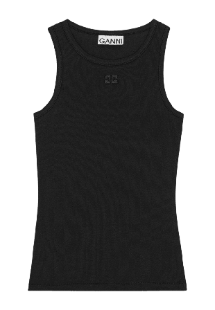 GANNI Tank Top Soft Cotton Rib Linnen Dam Svart XL