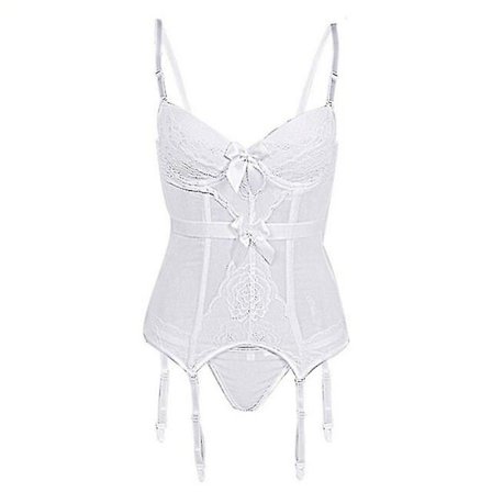 Plus Size Korsett Undertøy Blonde Blomster Gjennomsiktig polstret kopp Korsetter Stropper Undertøy Bowknot Korsett Bustiers med seler hvit