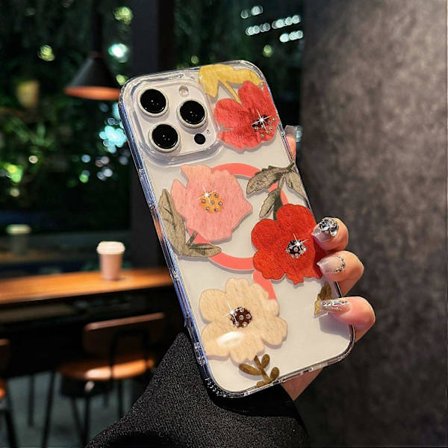 Skal för iPhone 15 Pro Max Kompatibelt med MagSafe Laserblomma PC+TPU Transparent Mobilskal