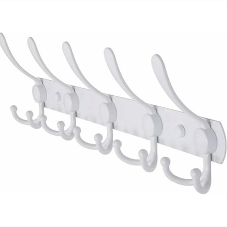 (Hvid) Væghængt Frakkeholder - 5 Assorterede Kroge, Robust, St