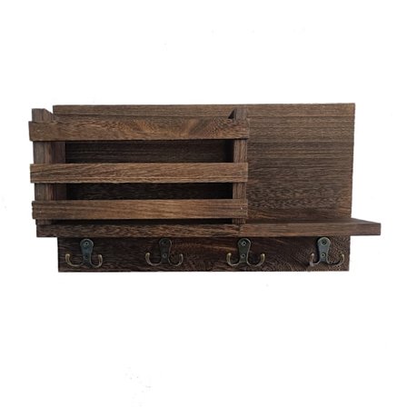 Grå väggmonterad arrangör, nyckelhållare + hylla, brevställ och krok för kappa och hundkoppel, 16,5 x 8,7 x 3,5 tum