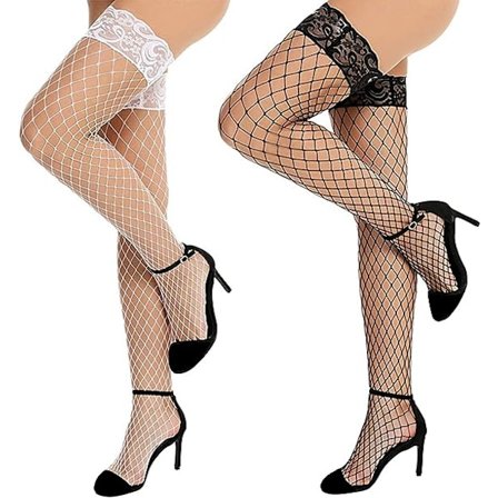 2 par fiskenetstrømper (hvid og sort), blonde fiskenetstrømper til låret, elastiske strømper til kvinder, sexede skridsikre fiskenetstrømper, en