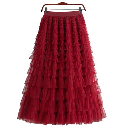 Multi-lags tylskørt til kvinder med flæser, høj talje rød