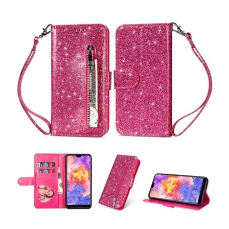 Huawei P20 Pro kimalteleva synteetti nahkainen lompakko suojakotelo mobiilirannekkeella - Ruusu Pink