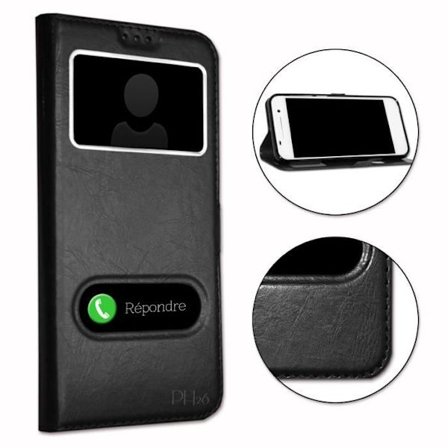 Samsung Galaxy YOUNG 2 G130 Dedikeret sort foliocover med vinduer i læderstil med synlige syninger fra PH26