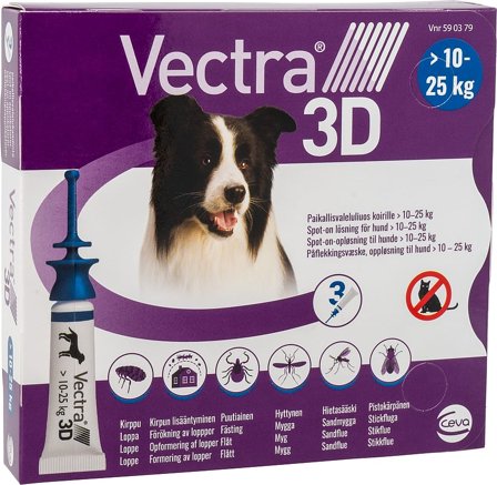 Vectra 3D Spot-on-opløsning til hunde 10-25 kg 10-25 kg 3 pak, Medicin & Pleje, Håndkøbsmedicin, Håndkøbsmedicin Til Dyr