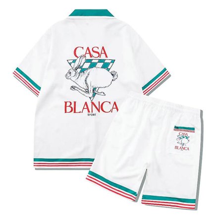 Färgglada Stripe Mountain Stadium Print Casablanca Tennis Club Shorts Skjorta Set Sommar Män Kvinnor Hip Hop Hawaii Beach Suit