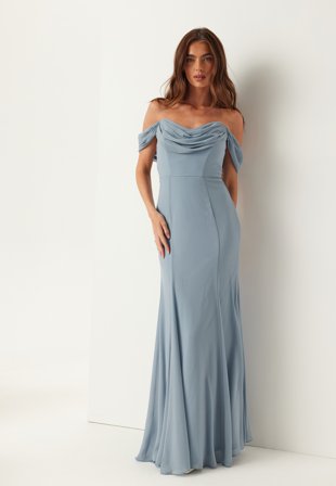Goddiva - Chiffon Off Shoulder Maxi Dress - Dusky Blue - Kläder - - Bubbleroom