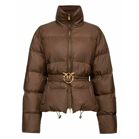 Pinko, Short Down Jacket With Belt Brązowy, Kobieta, Rozmiar: M