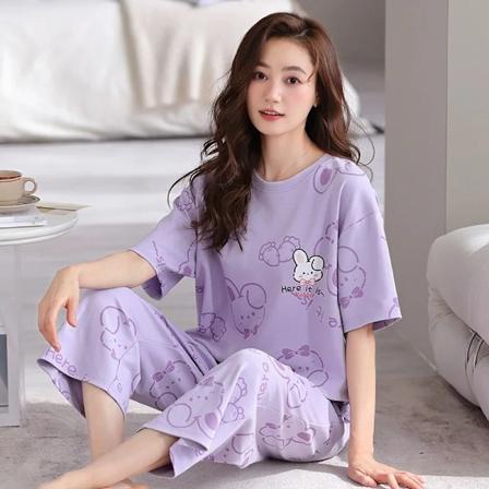 Sommer Damer To-Del Pyjamas Kvinder Syv Bukser Kortærmede Piger Nye Størrelse Pyjamas Homewee Fritidsslægten PurpleT3 XL(50-60kg)