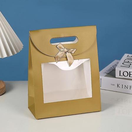 Stærk Papir Stående Gavepose, 26 Cm X 19 Cm X 9 Cm, Brun Kraftpose Med Klar Vindue Og Sløjfe - Pakke Med 12 Guld Gold