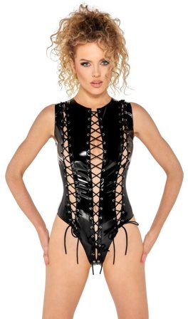 Svart lackbody med snörning - Vuxen.se - Fetish body & playsuits, bondage strap body, wetlook catsuit