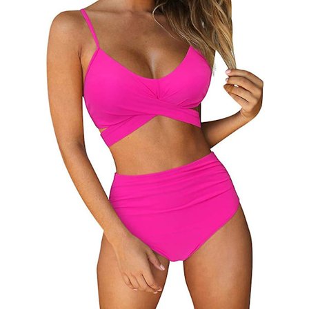 Dame Criss Cross Push Up Badedrakt Topper Magekontroll Halter Bikini Høy Livet Badetøy Todelt