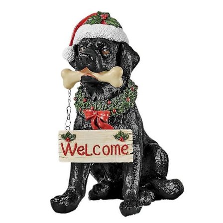 Sort Labrador Dekoration med Julemandshat Jule Vagthund Velkomst Hundestatue Resin Håndværk til Døråbninger Skabe og Verandaer