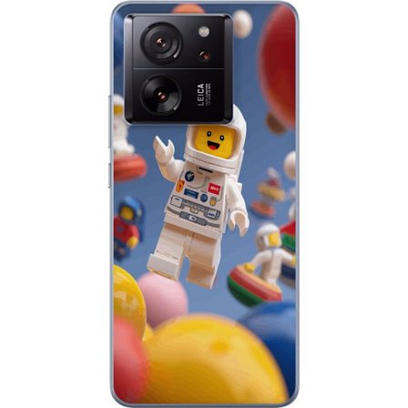 Kompatibelt Mobilskal till Xiaomi Xiaomi 13T LEGO-inspirerad astronautfigur i rymden bland färgglada planeter, lekfull 3D-illustration för barnrum,