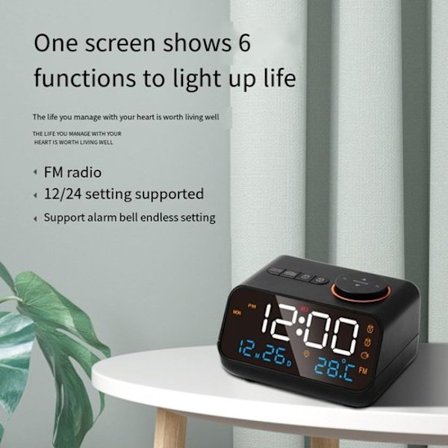 Ur med temperatur- og fugtighedssensorer - FM-radio - stort LED-display med kalender - egnet til hjemmebrug - sort - integreret